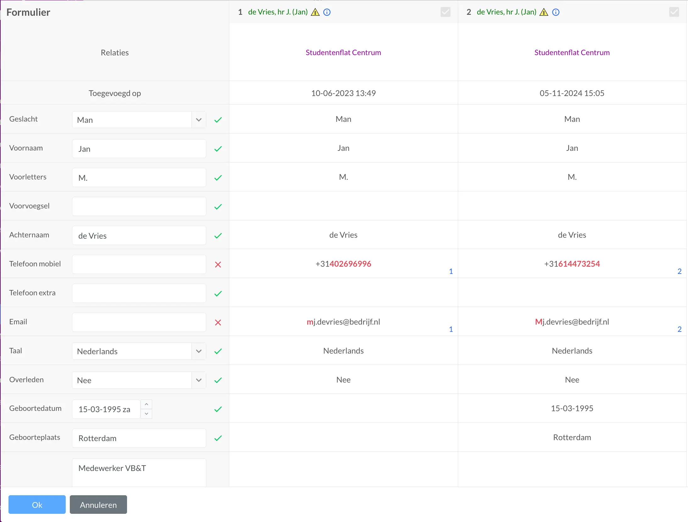 Duplicate person merge dialog showing side-by-side comparison