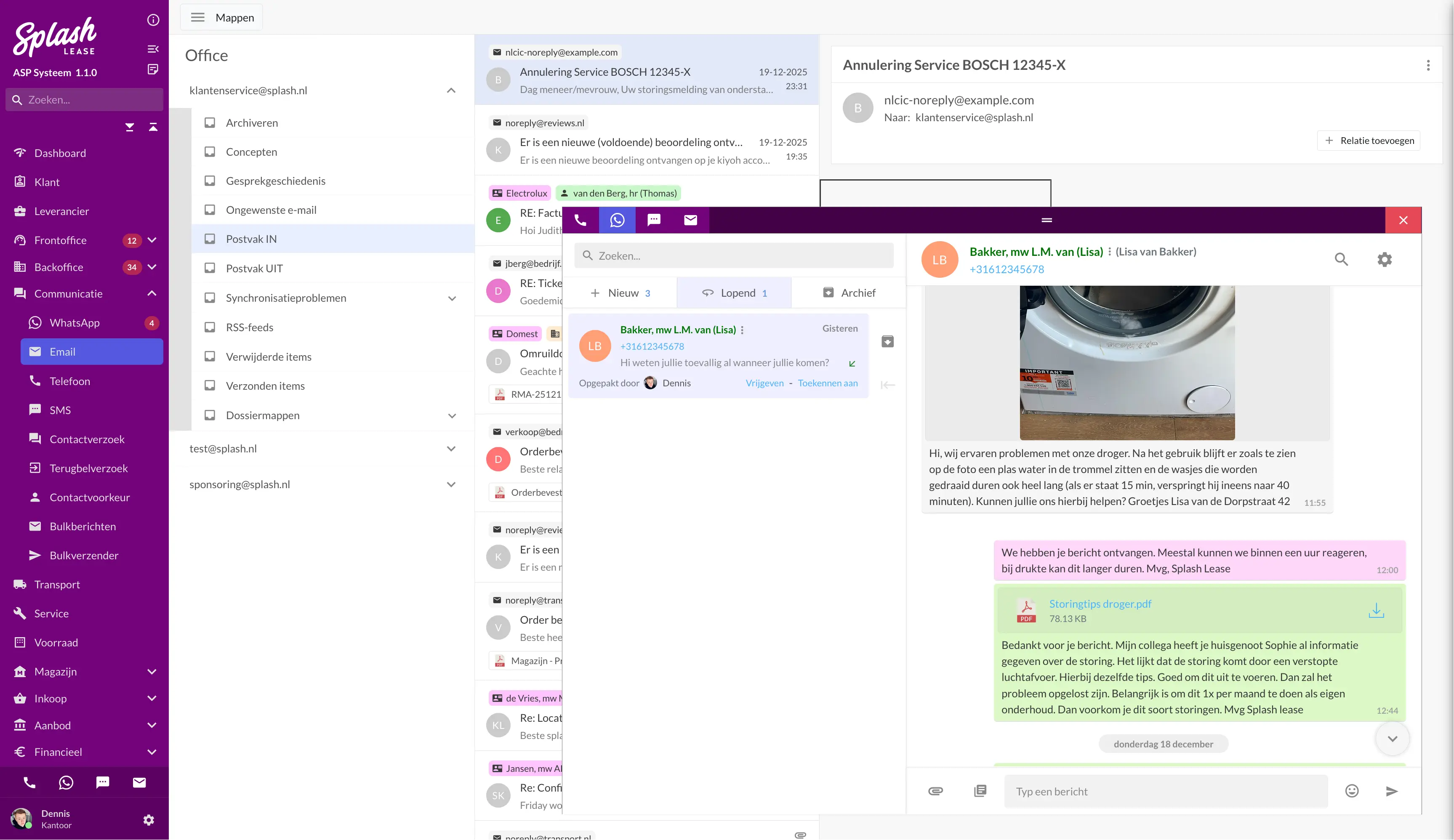 Unified messaging interface showing WhatsApp conversation with customer context
